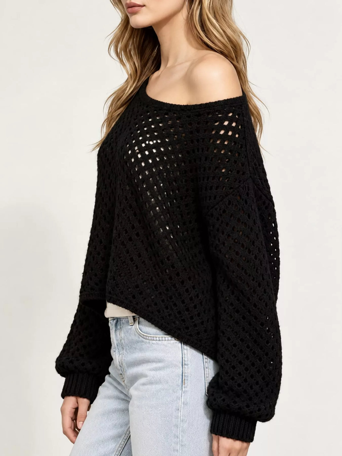 Black openwork boat neck knit cover-up, side view