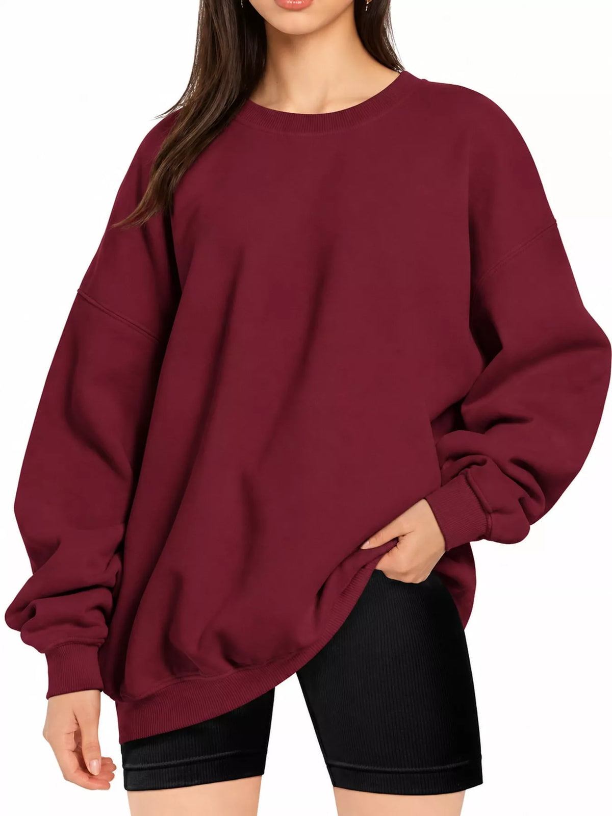 Ribbed Trim Crew Neck Sweatshirt in burgundy, front view