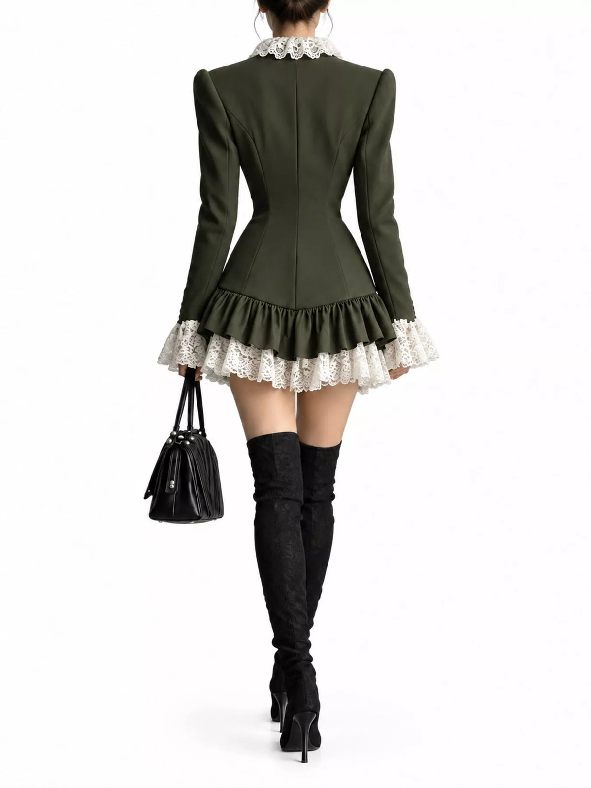 Army green lace trim blazer dress, back view