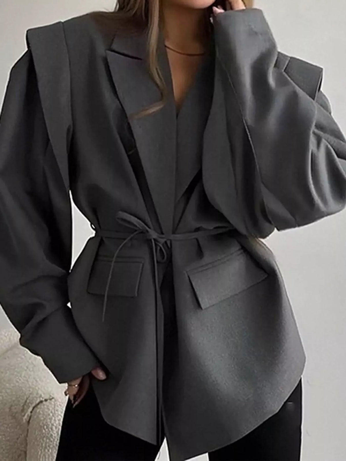 Collared long sleeve blazer, front view on model