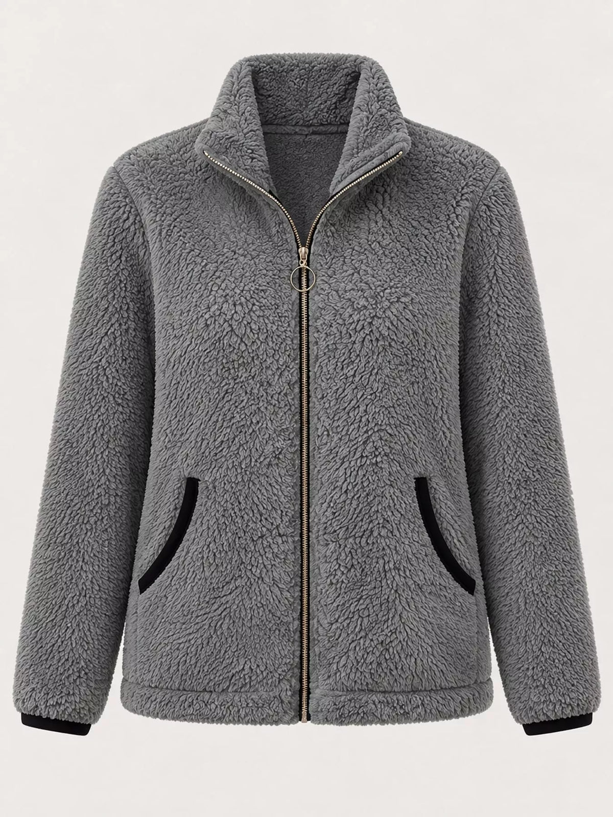 Contrast-trim fleece jacket, gray hanging front