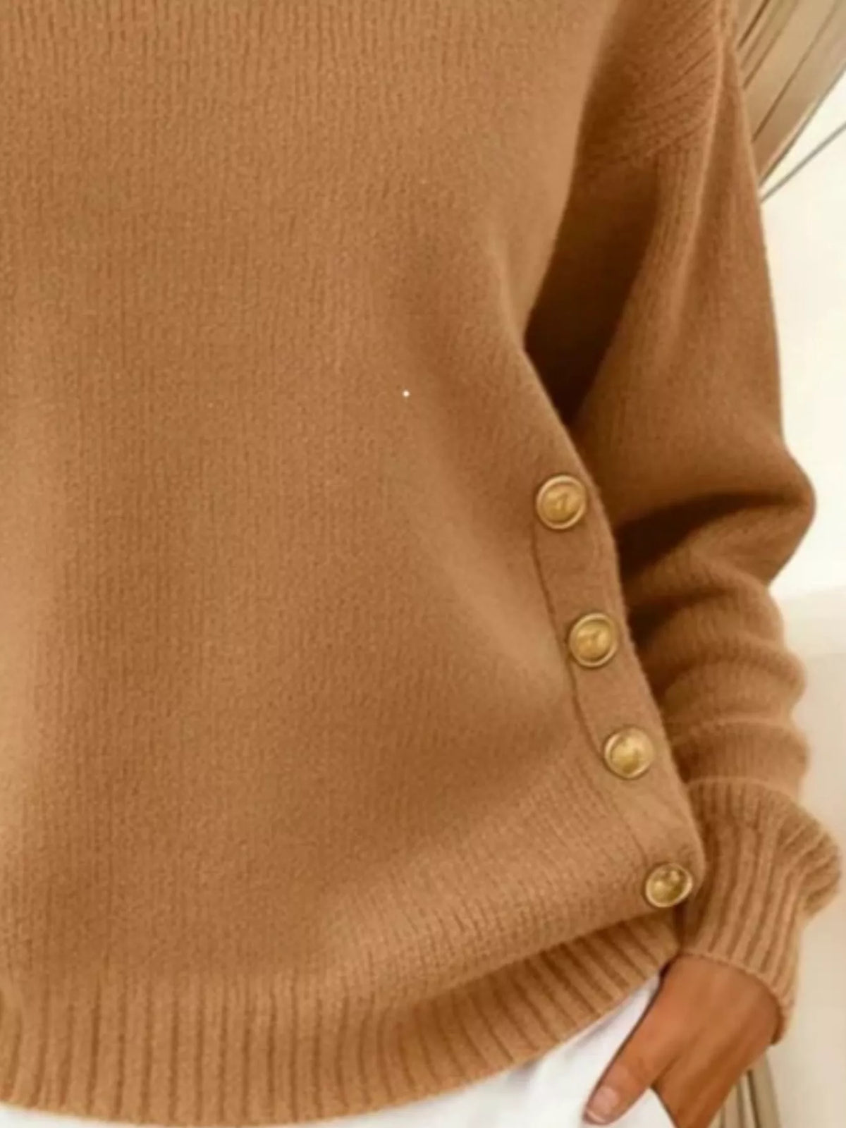 Women's Decorative Button Dropped Shoulder Sweater in Khaki, back view