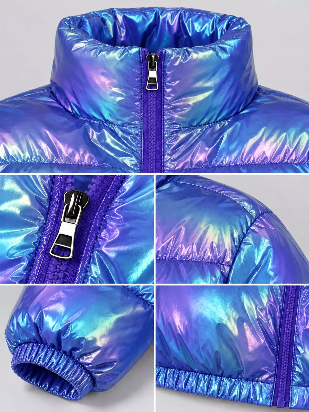Glossy Stand-Collar Zip-Up Puffer Jacket — garment construction details