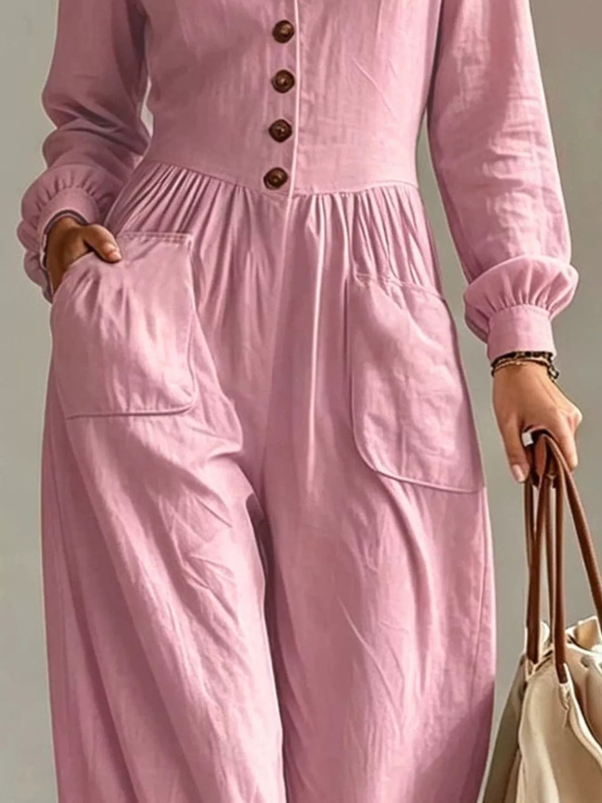 Trendsi V-Neck Long Sleeve Button Front Wide-Leg Jumpsuit -