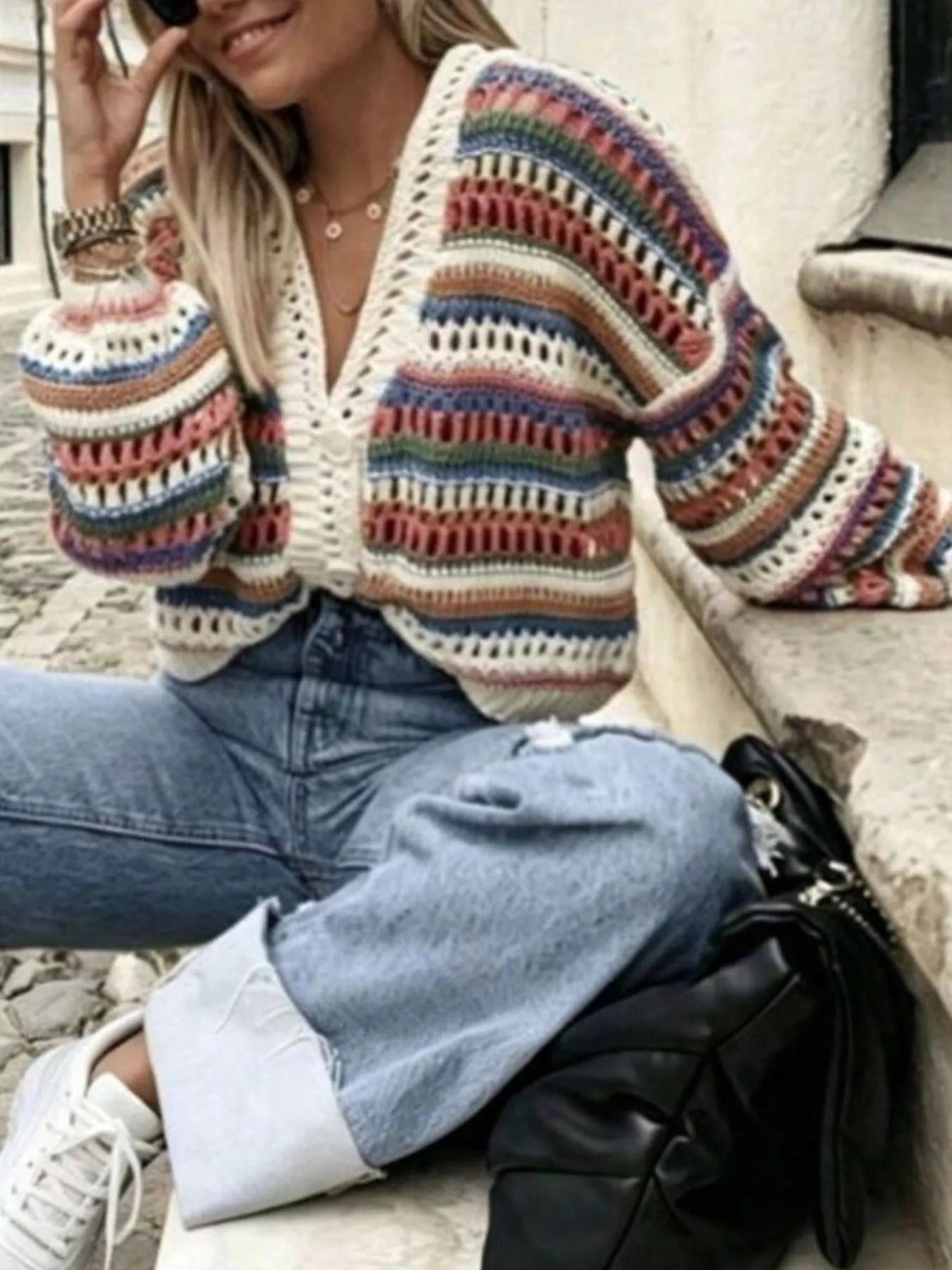 Trendsi Striped Crochet Knit Cardigan -