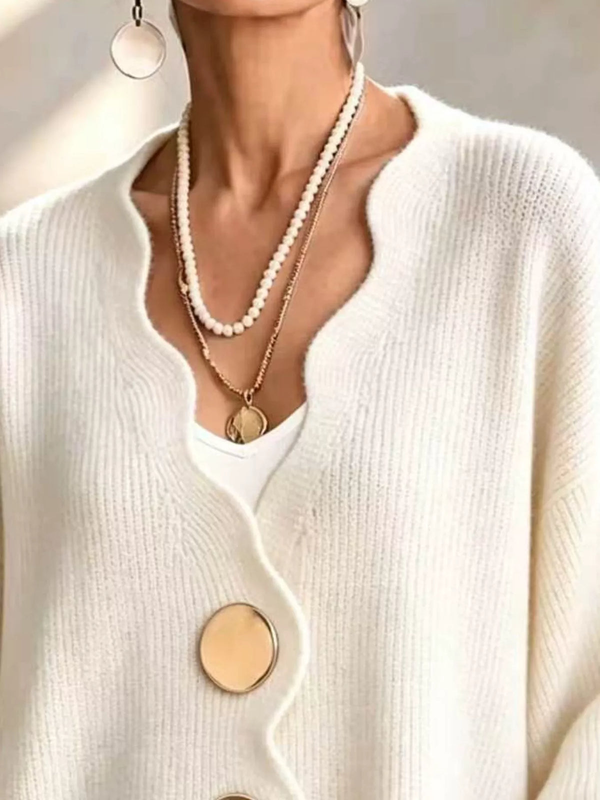 Women's Scalloped-Edge Oversized Button-Down Cardigan in Beige, alternate view