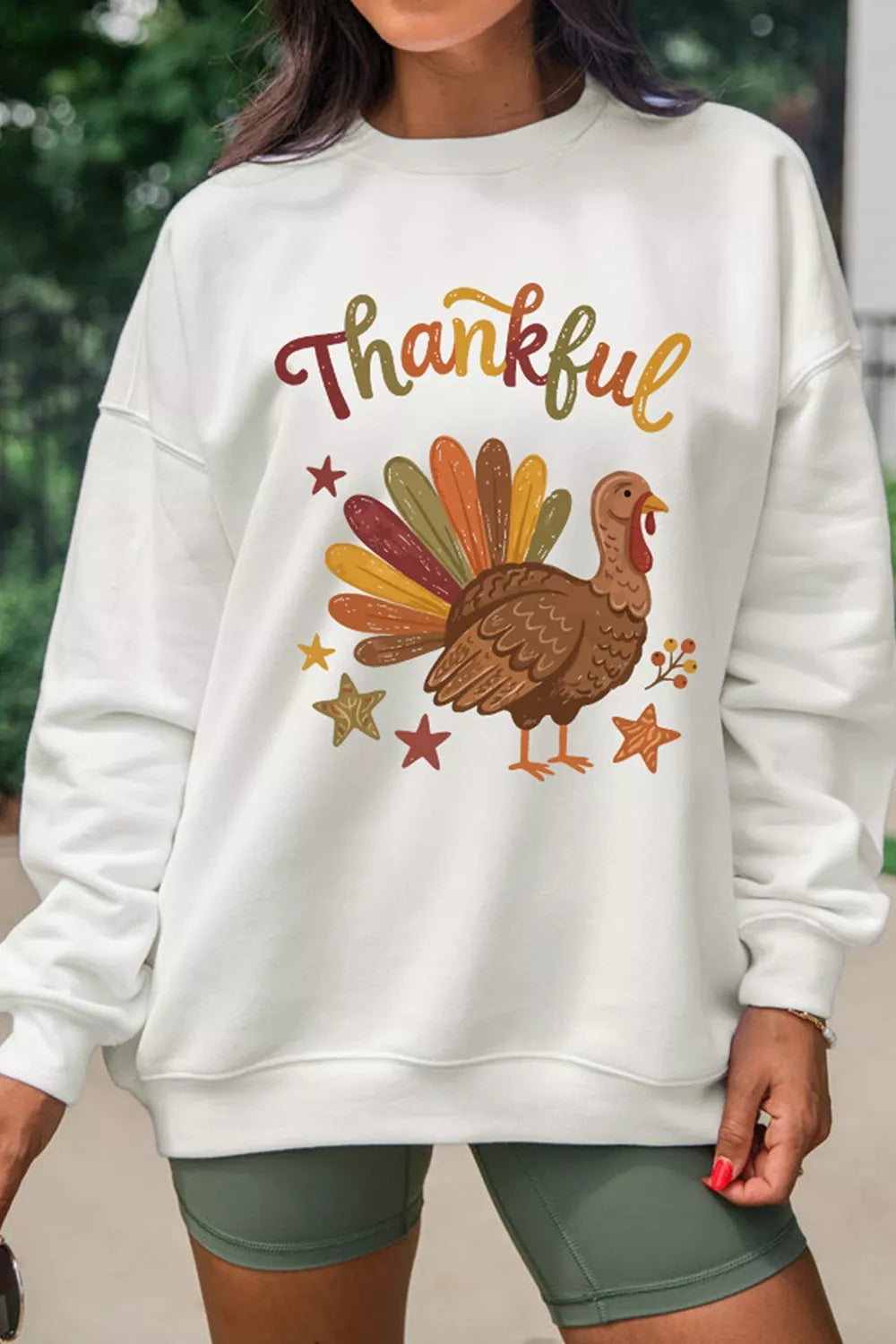 White Thankful turkey graphic sweatshirt, front view