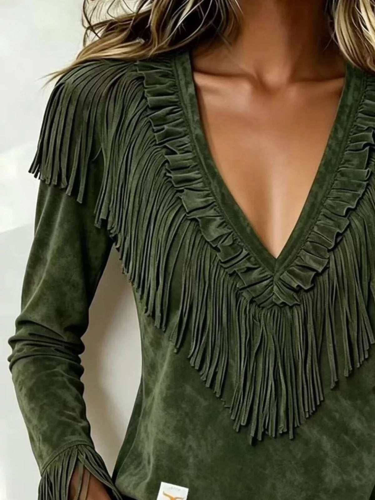 Fringed V-Neck Blouse in army green, neckline detail