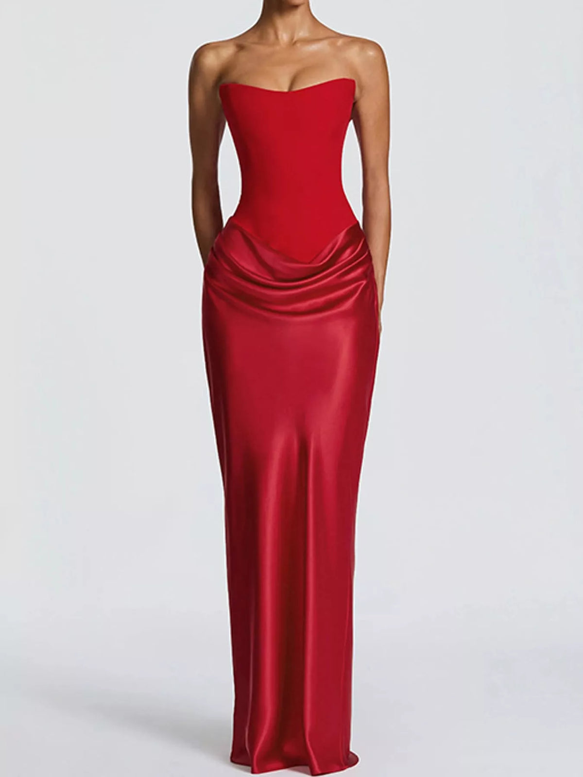 Sweetheart neck strapless maxi dress, front view on model