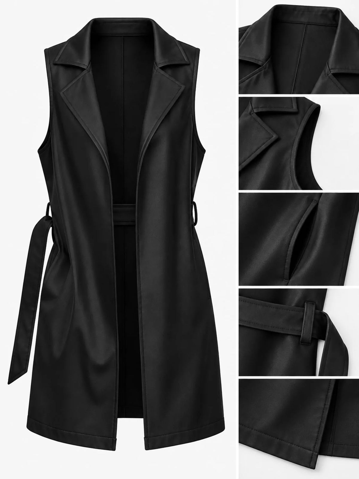Tie Waist Longline Vest in black, construction detail