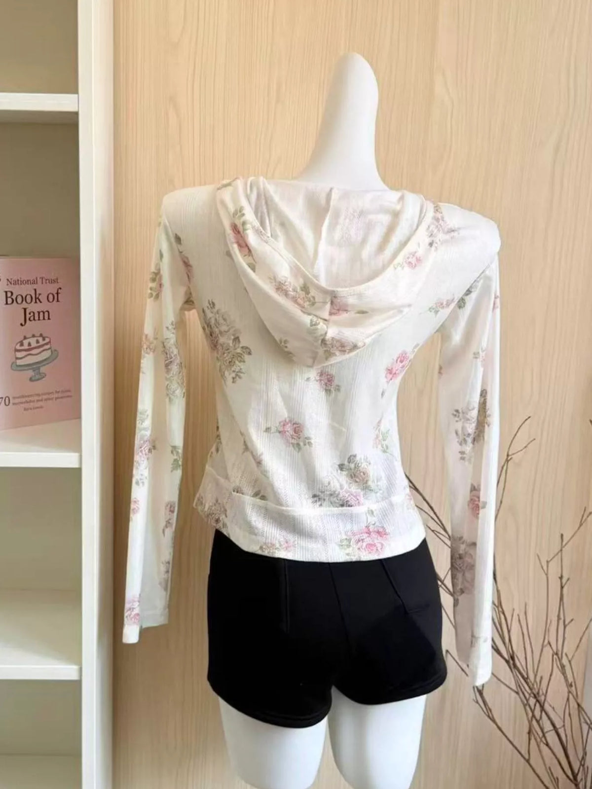 White floral print zip-up knit hoodie, back view