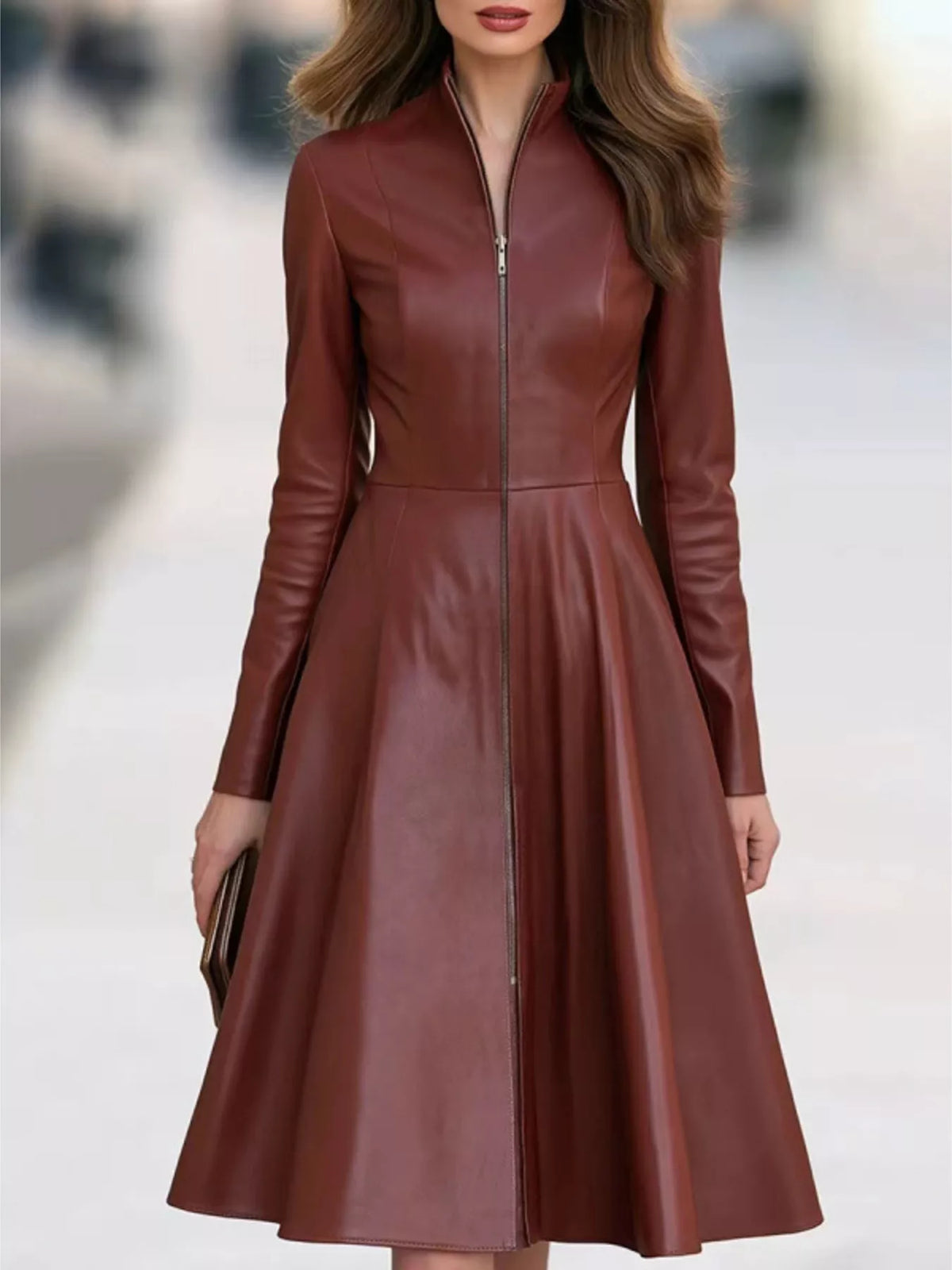 Burgundy faux leather zip-front a-line midi dress
