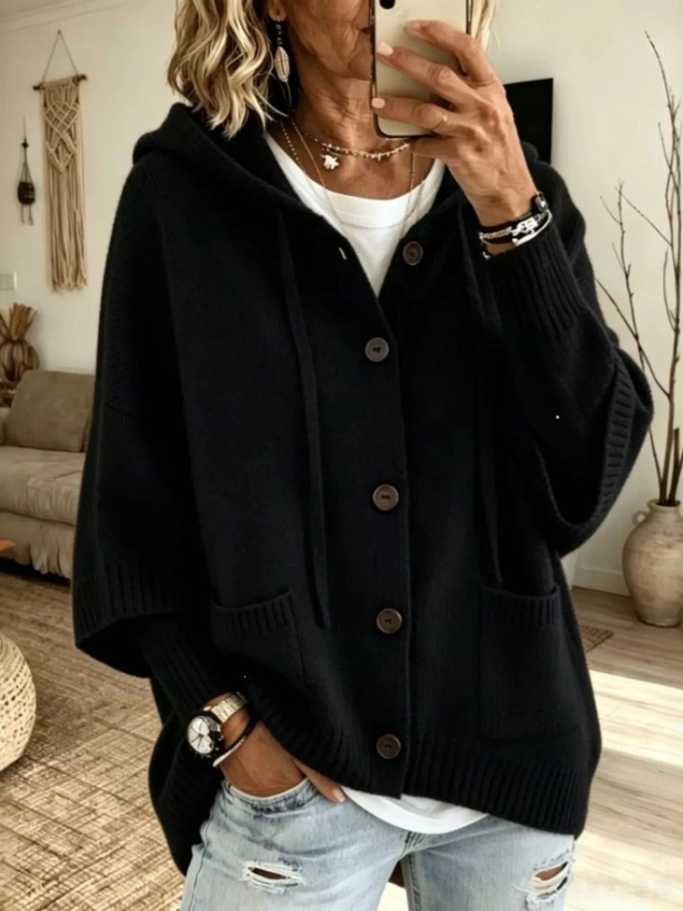 Trendsi Hooded Button-Down Knit Cardigan -