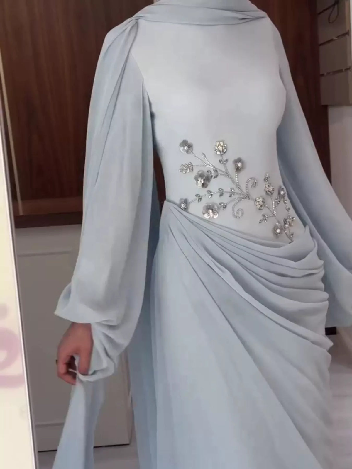 Light blue floral detail long sleeve maxi dress, front view