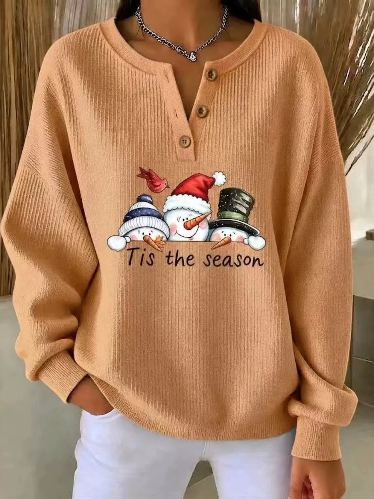 Snowman graphic ribbed Henley sweatshirt in sherbet orange, front view
