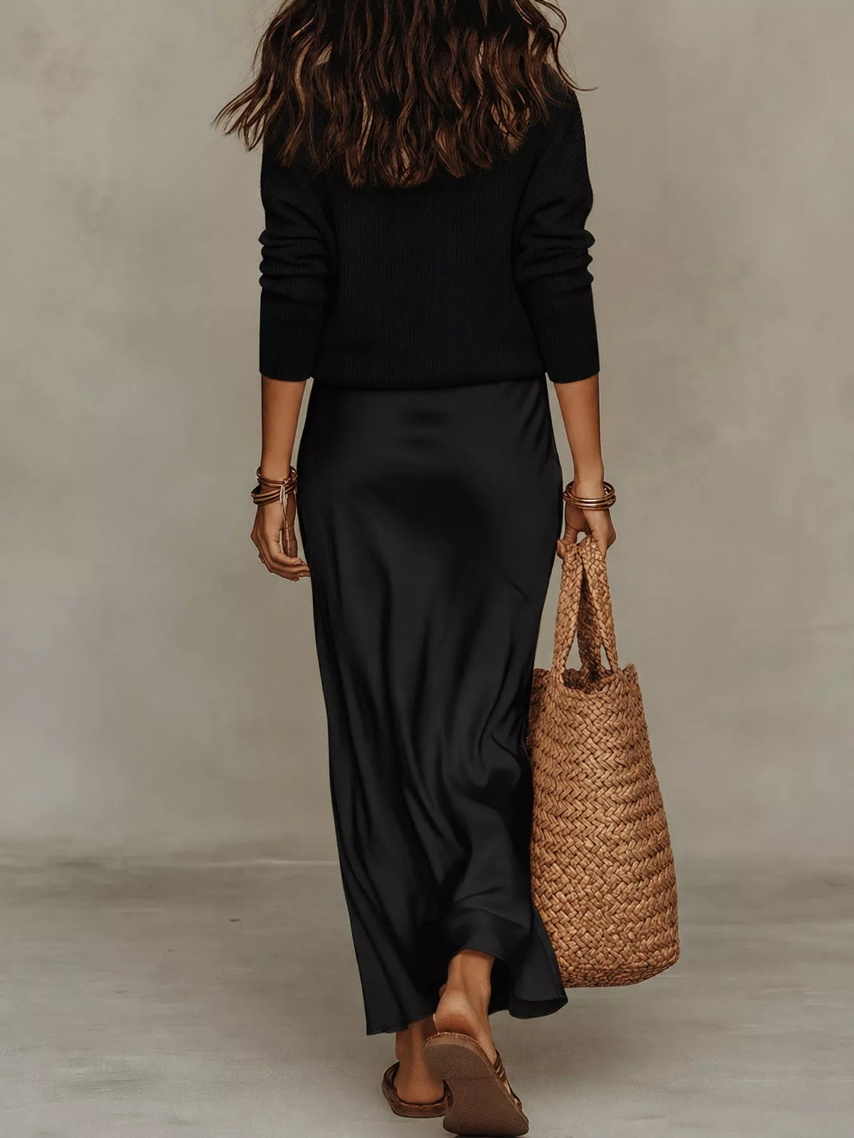 Black-Set v-neck top and satin midi skirt set, back view