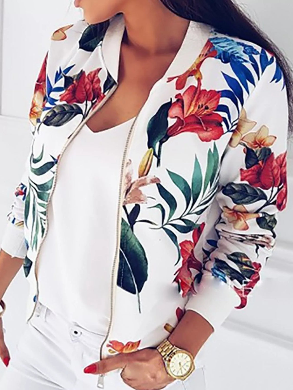 White tropical floral printed zip-up bomber jacket — front view