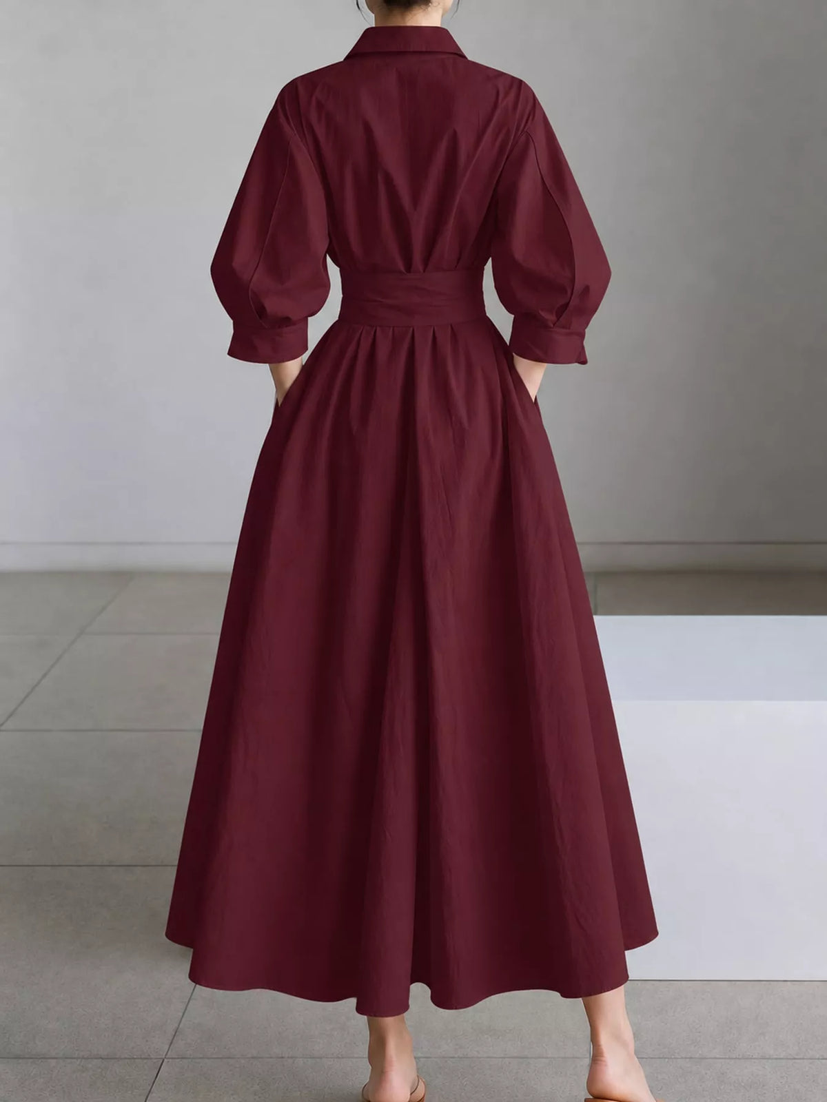 Collared Three-Quarter Sleeve Midi Shirt Dress — back view