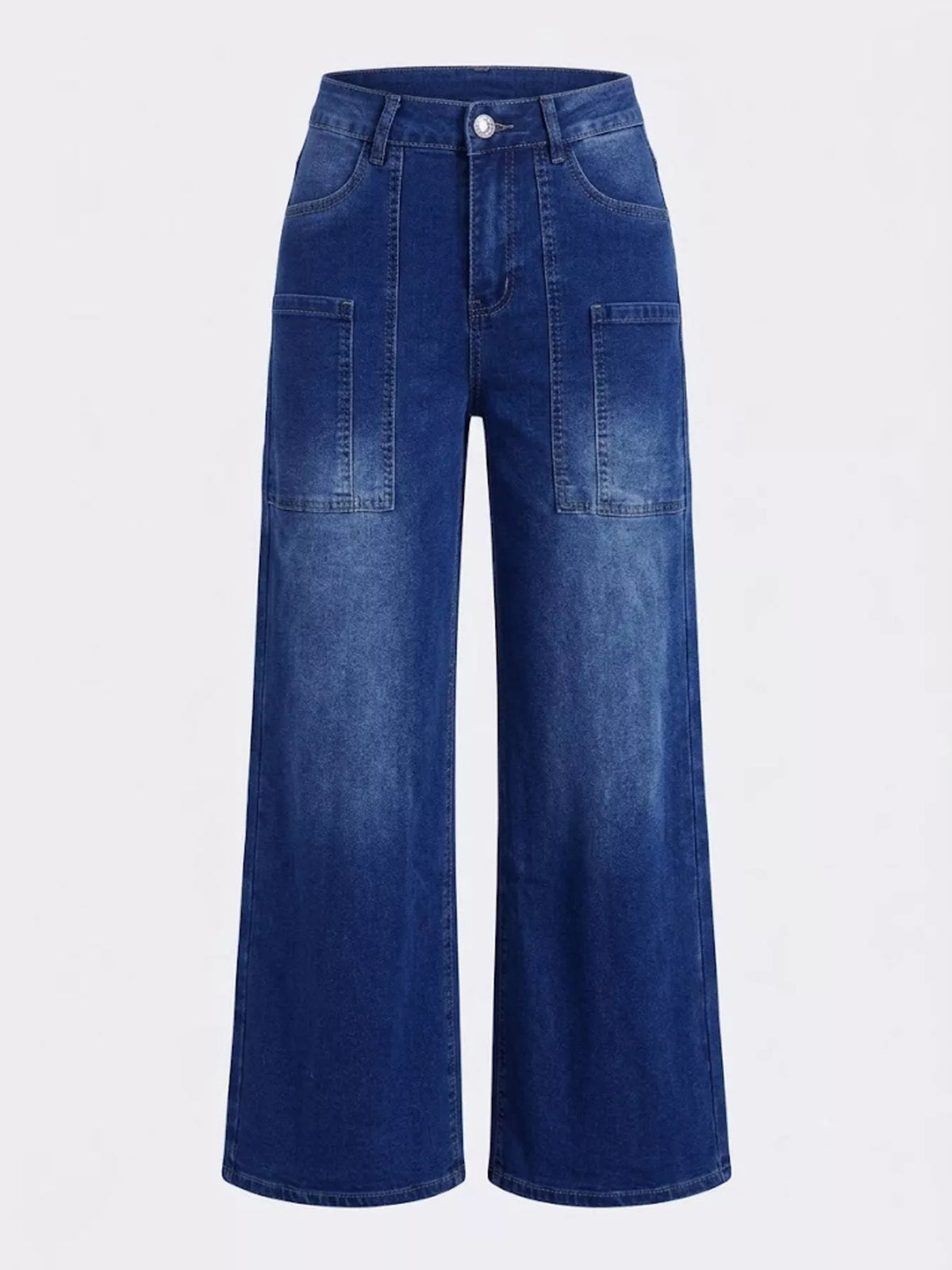 High-Waisted Patch Pocket Wide-Leg Jeans in blue, flat front view