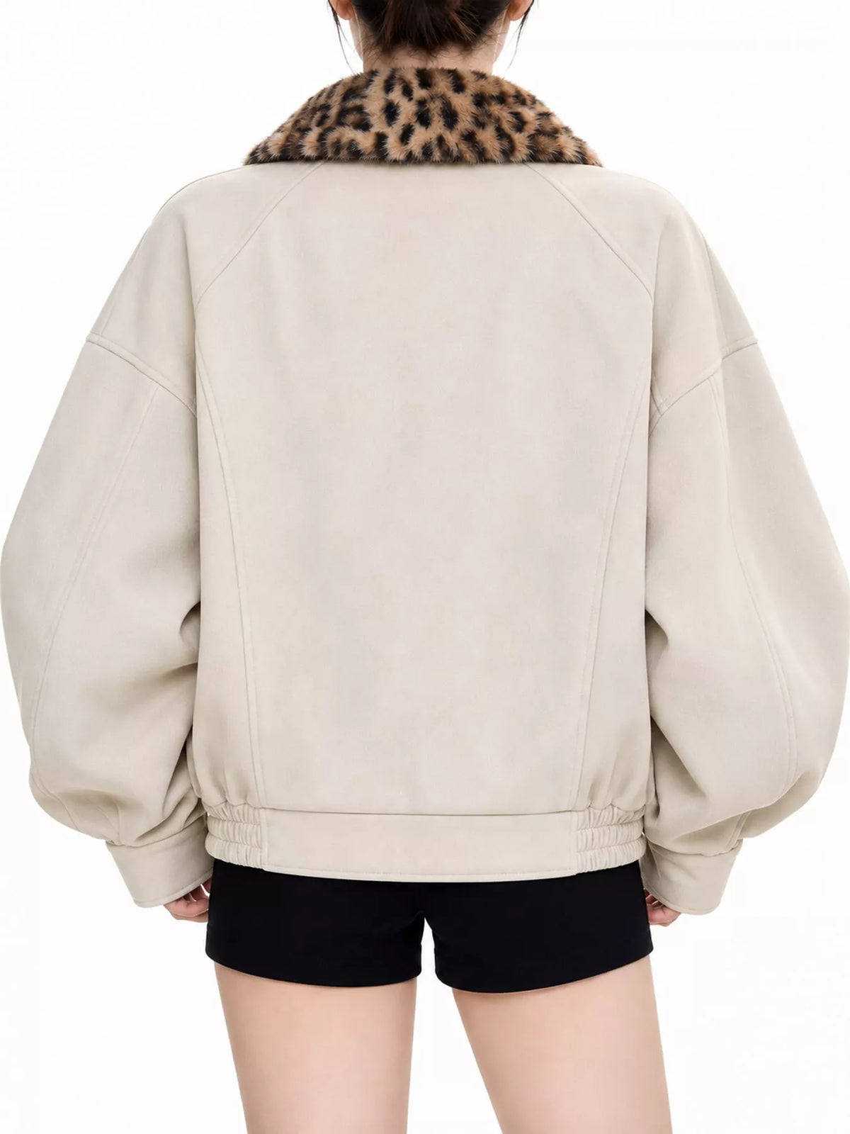 Cream faux fur collar zip up jacket, back view