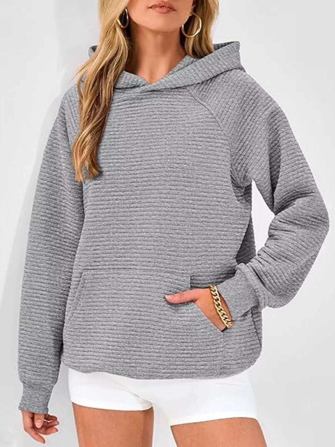 Trendsi Texture Kangaroo Pocket Raglan Sleeve Hoodie -