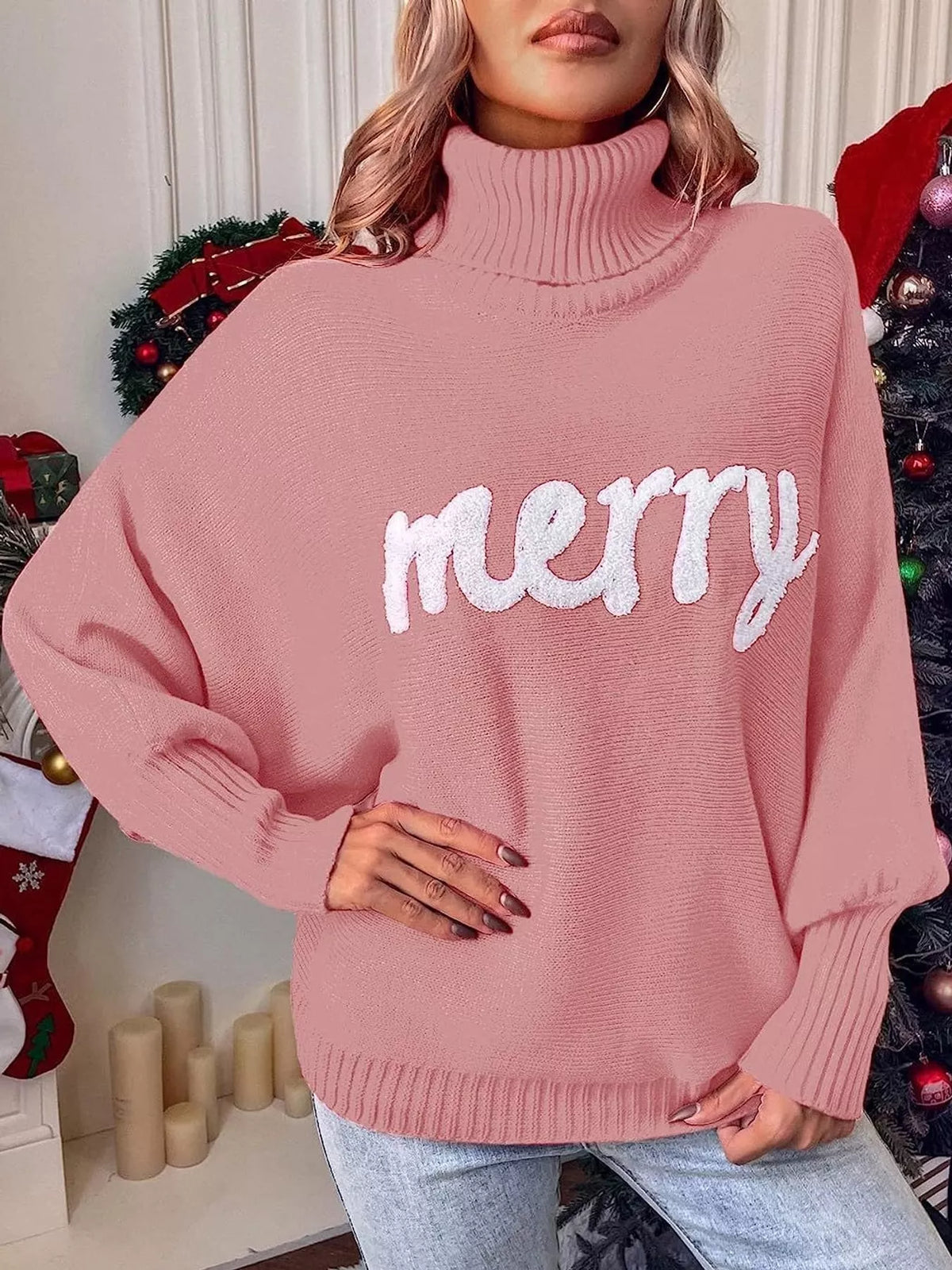 Pink lettering turtleneck sweater