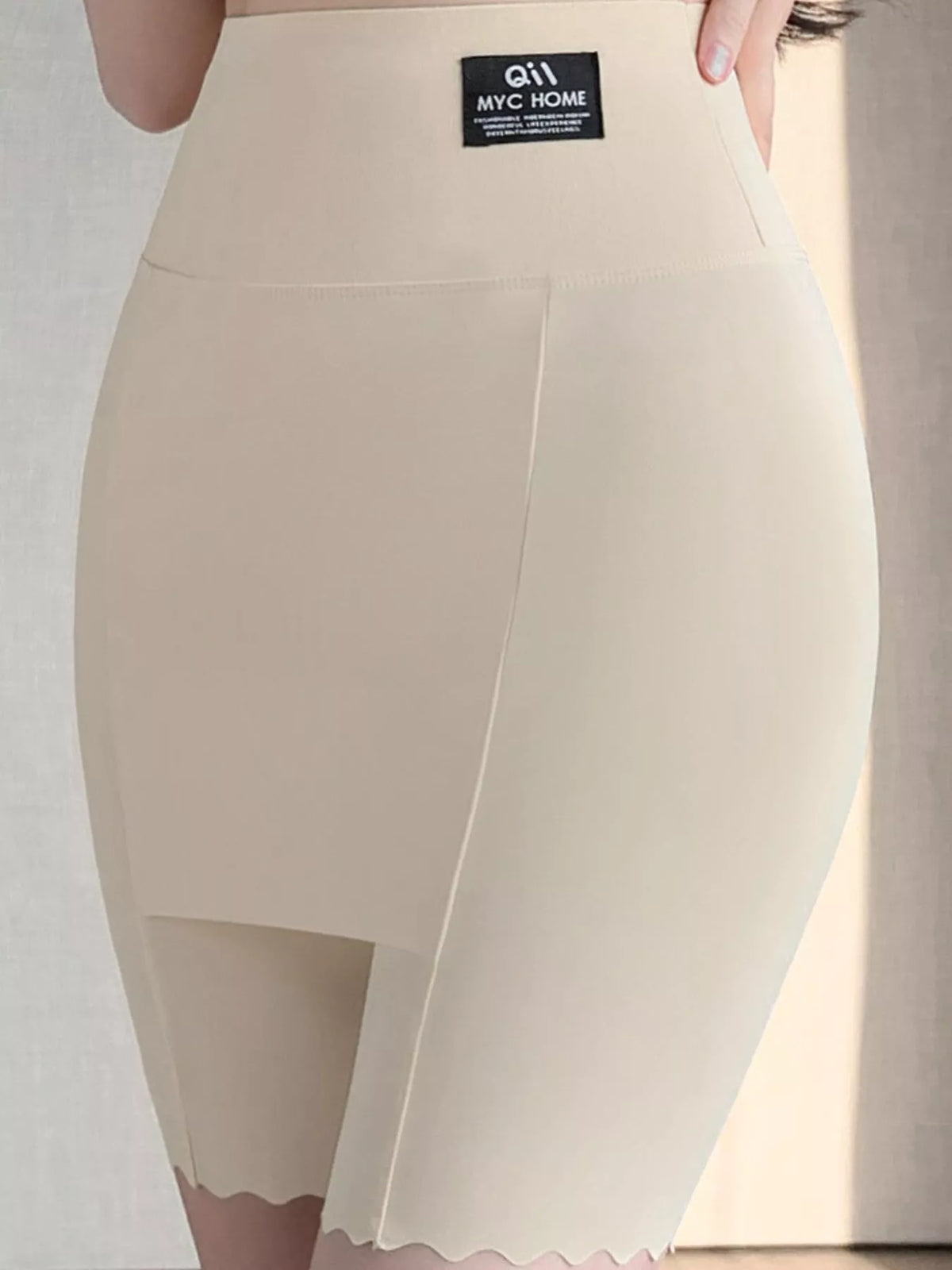Women's High-Waisted Long-Leg Underwear Shorts in beige — waist detail view