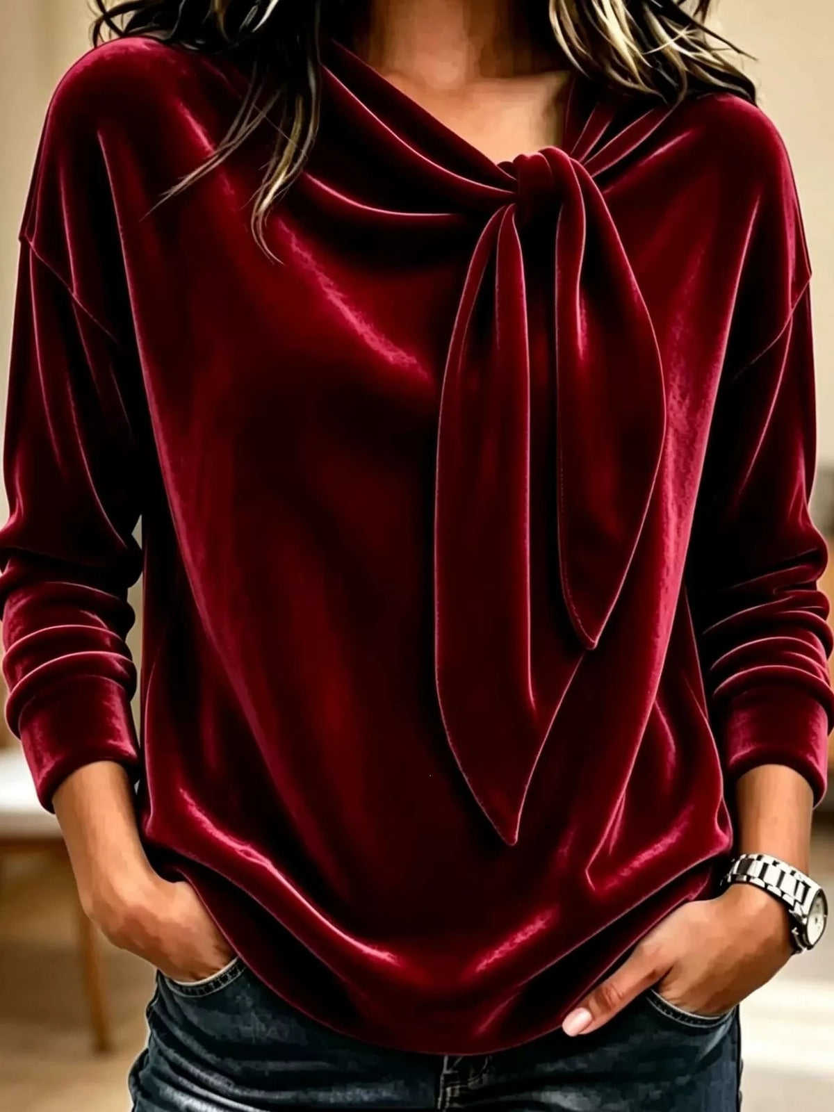 Women's Velvet Tie-Neck Long Sleeve Sweatshirt in burgundy — front view