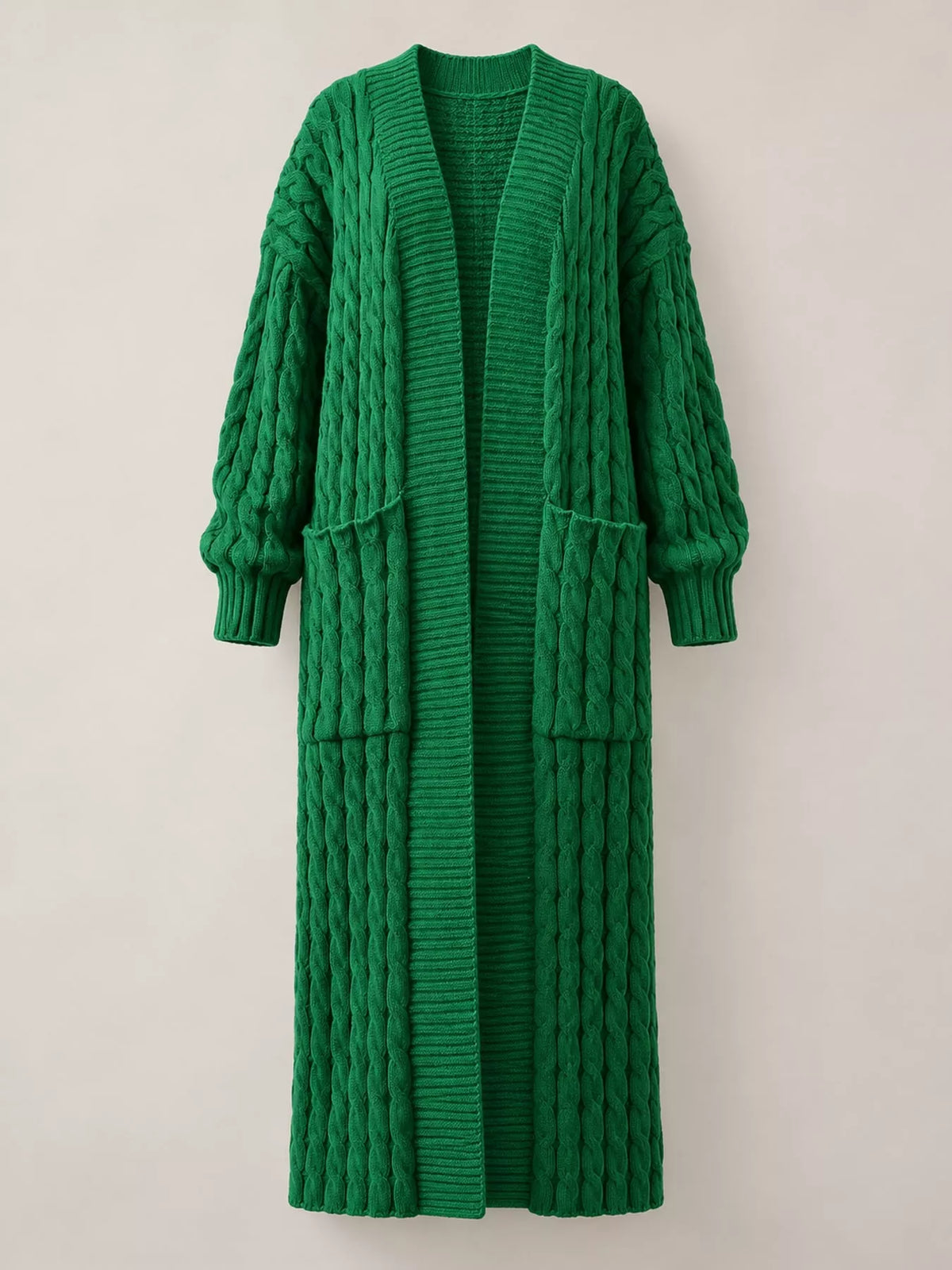 Green cable-knit longline open-front cardigan, back view