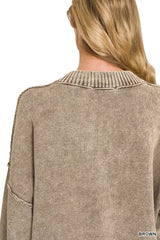 Trendsi Zenana Washed Deep V-neck Oversized Sweater - Sweaters