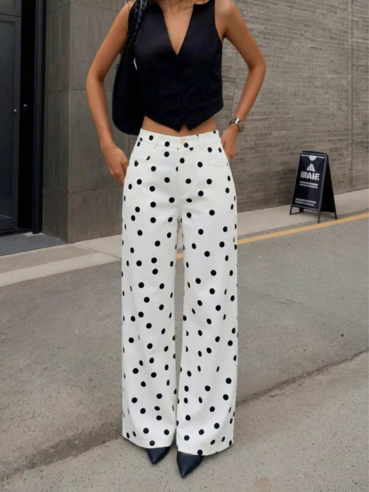 White high-waisted polka dot wide-leg pants