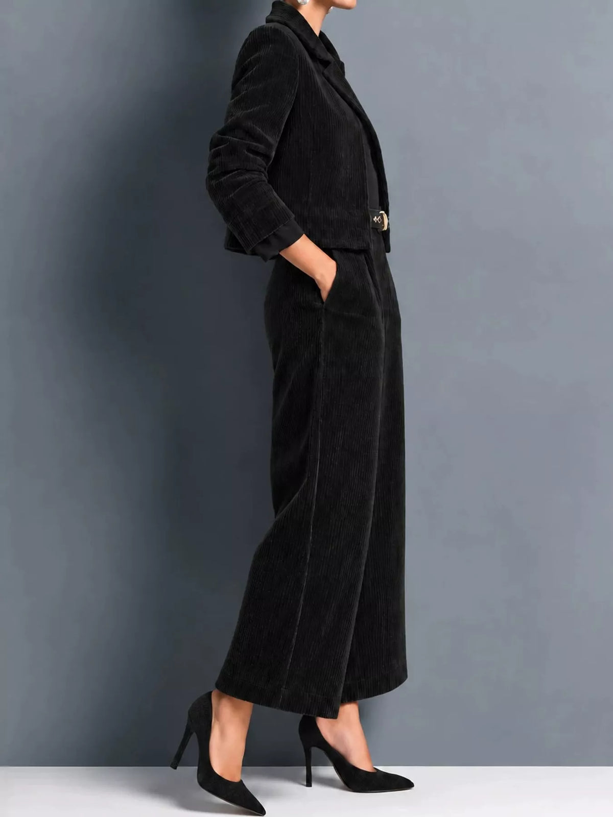 Corduroy Button Up Blazer and Pants Set in black