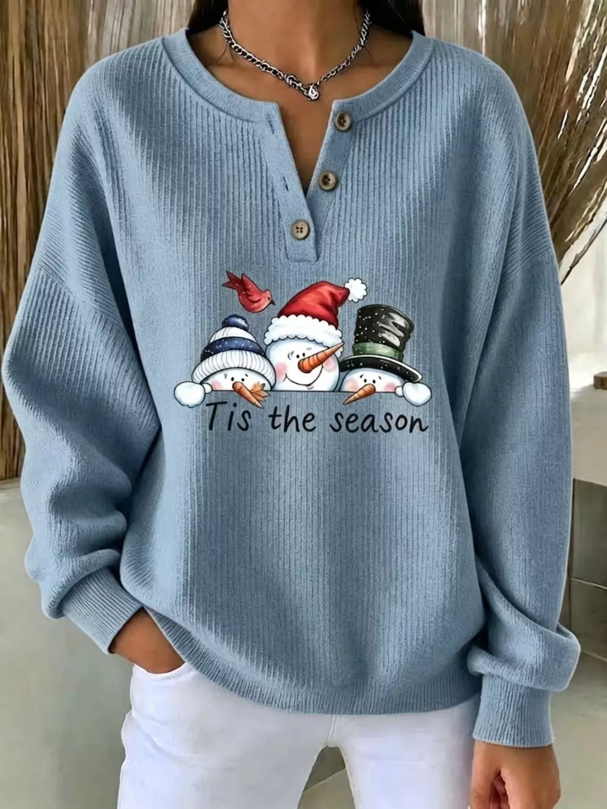 Snowman graphic ribbed Henley sweatshirt in blue, front view