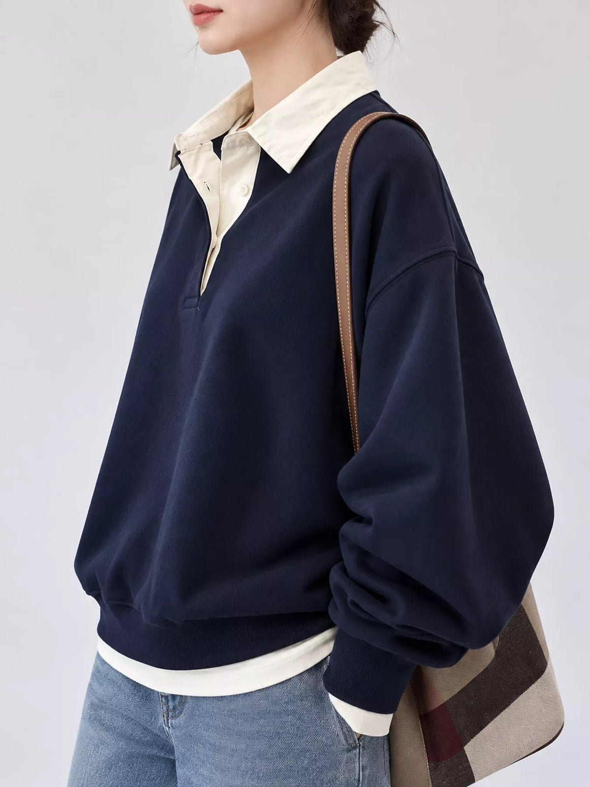 Navy polo-collar layered-look sweatshirt