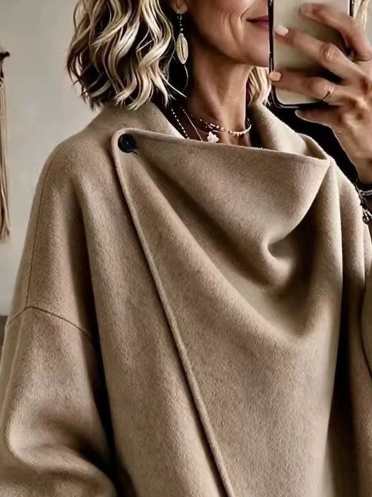 Taupe asymmetric cowl neck cape-style jacket, cowl neckline and shoulder button