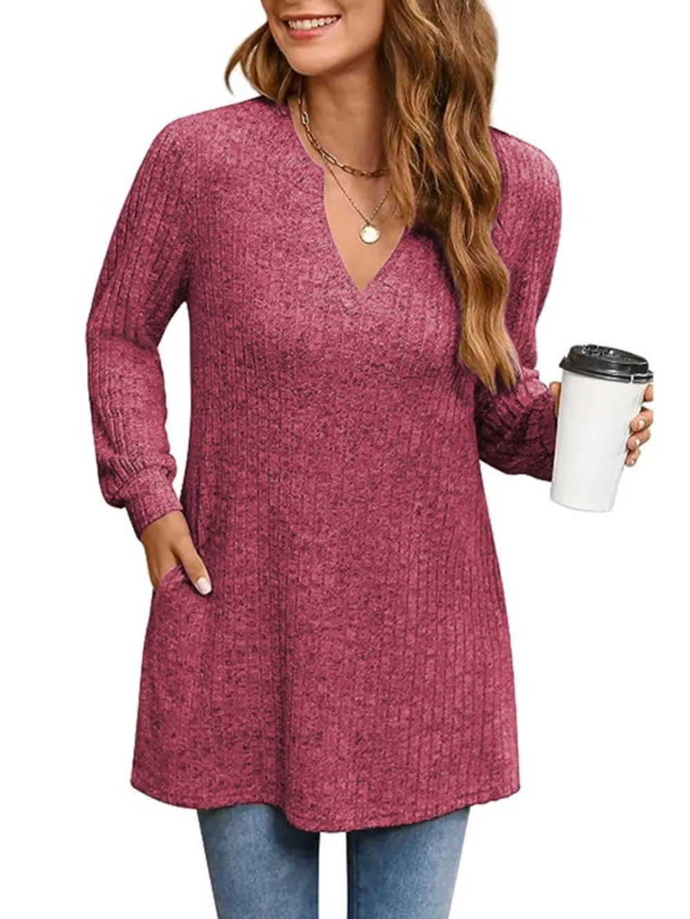 Trendsi Ribbed Notched Long Sleeve T-Shirt -