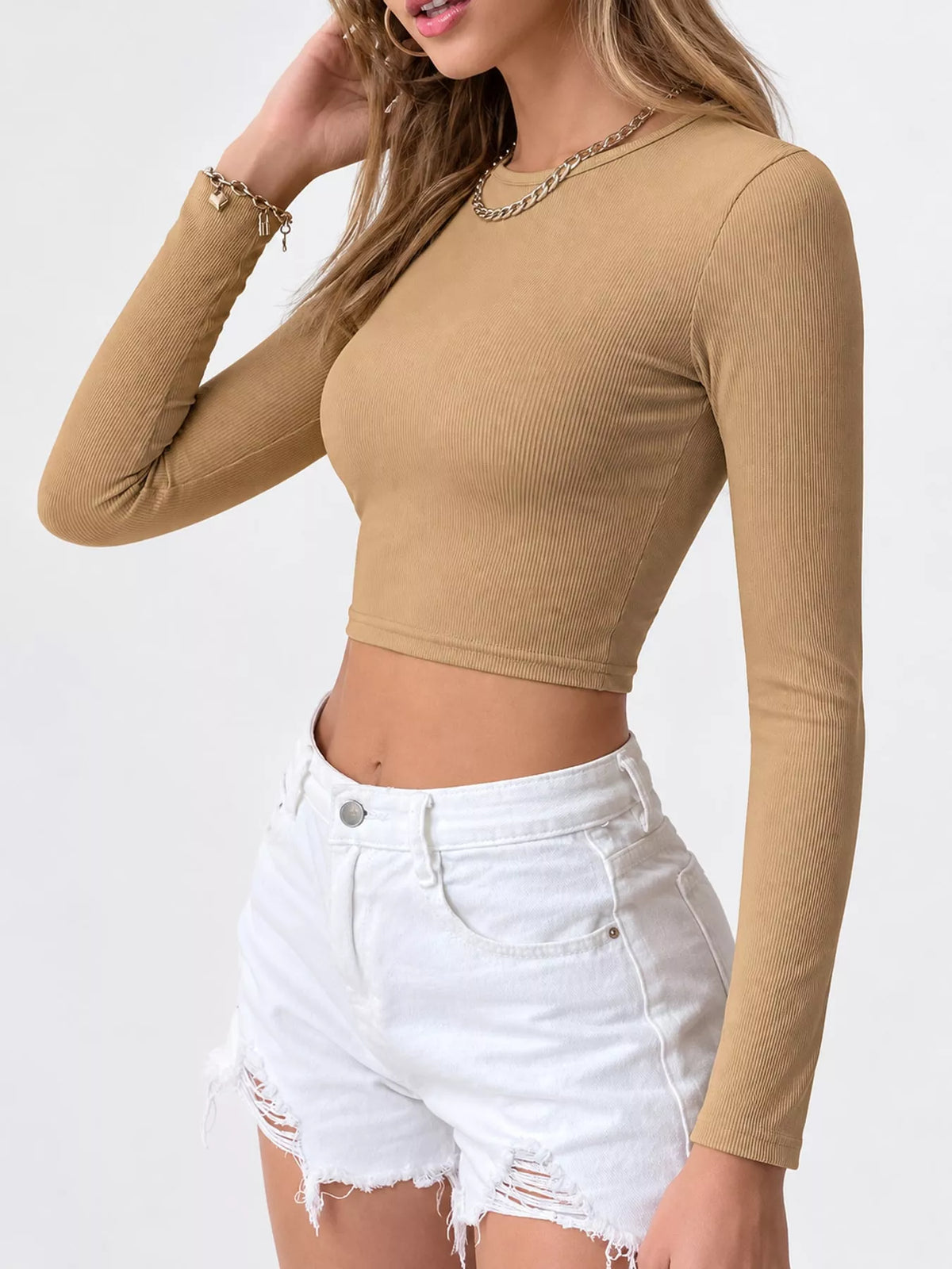Beige ribbed crop t-shirt, side view