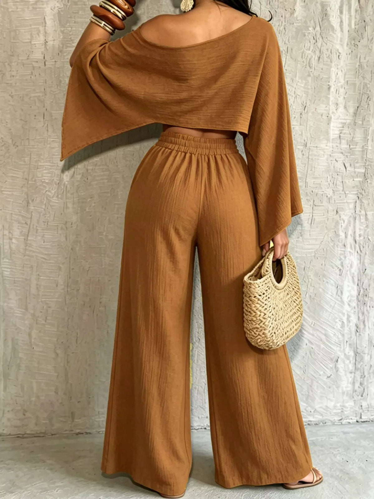 Women's Boat Neck Crop Top and Wide-Leg Pants Set in camel — front view