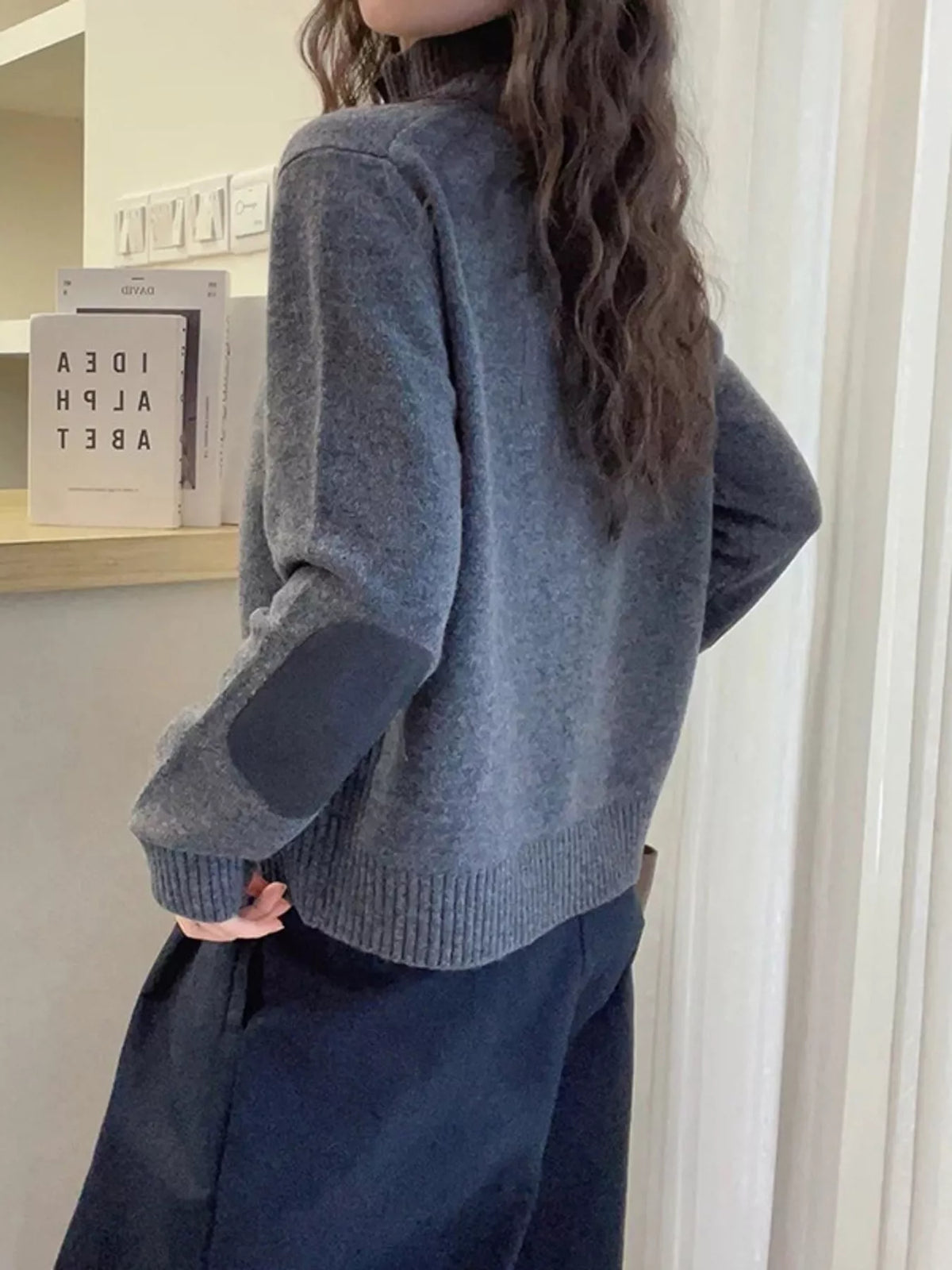 Ribbed-Knit Mock Neck Cardigan in gray, back view