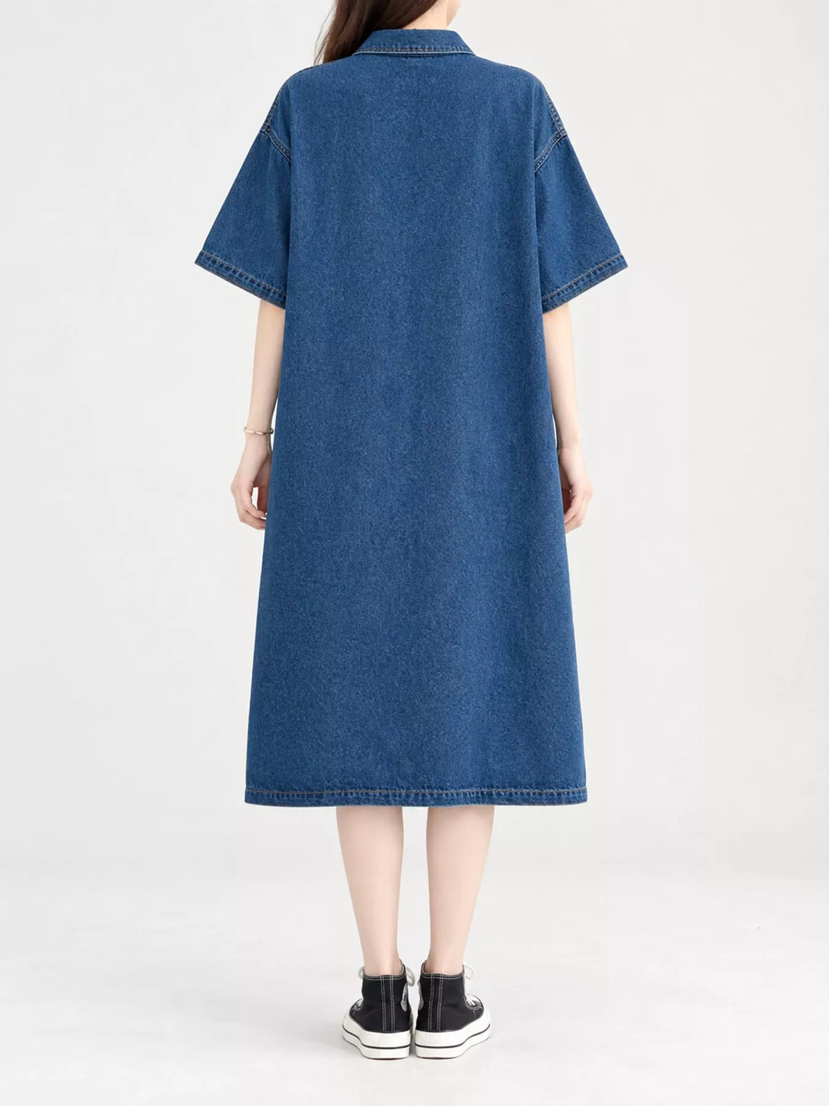 Blue button front denim shirt dress, back view