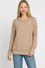Trendsi Zenana Corded Rib Long Sleeve Round Neck Top - Pants