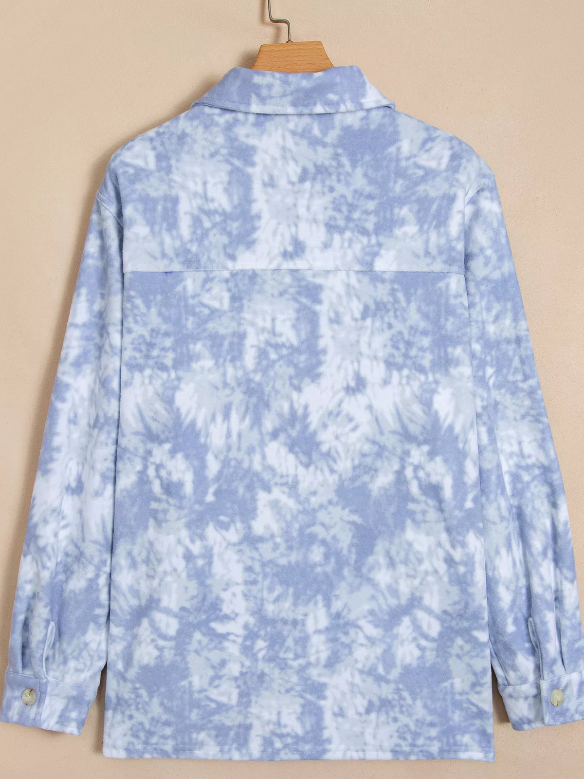 Light blue abstract print fuzzy collar tunic jacket — back view