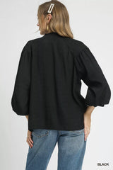 Trendsi Umgee Textured V-Neck Blouse with Balloon Sleeves -