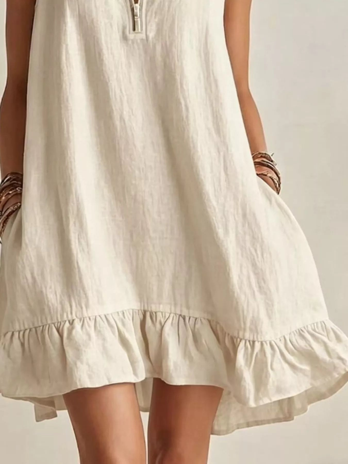 Trendsi Sleeveless Zipper-Neck Ruffle Hem Mini Dress -
