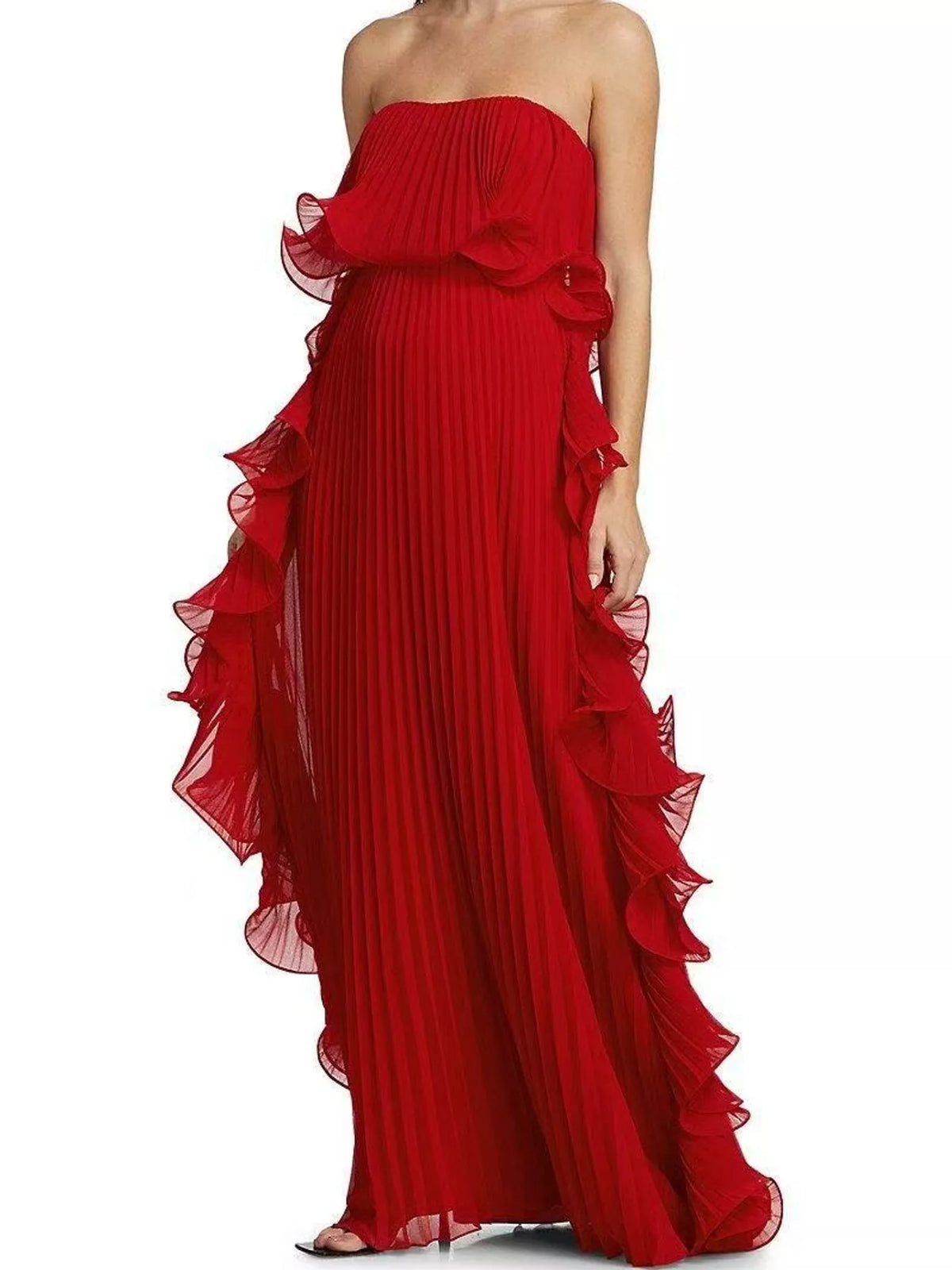 Ruffled Strapless Pleated Maxi Dress — front view