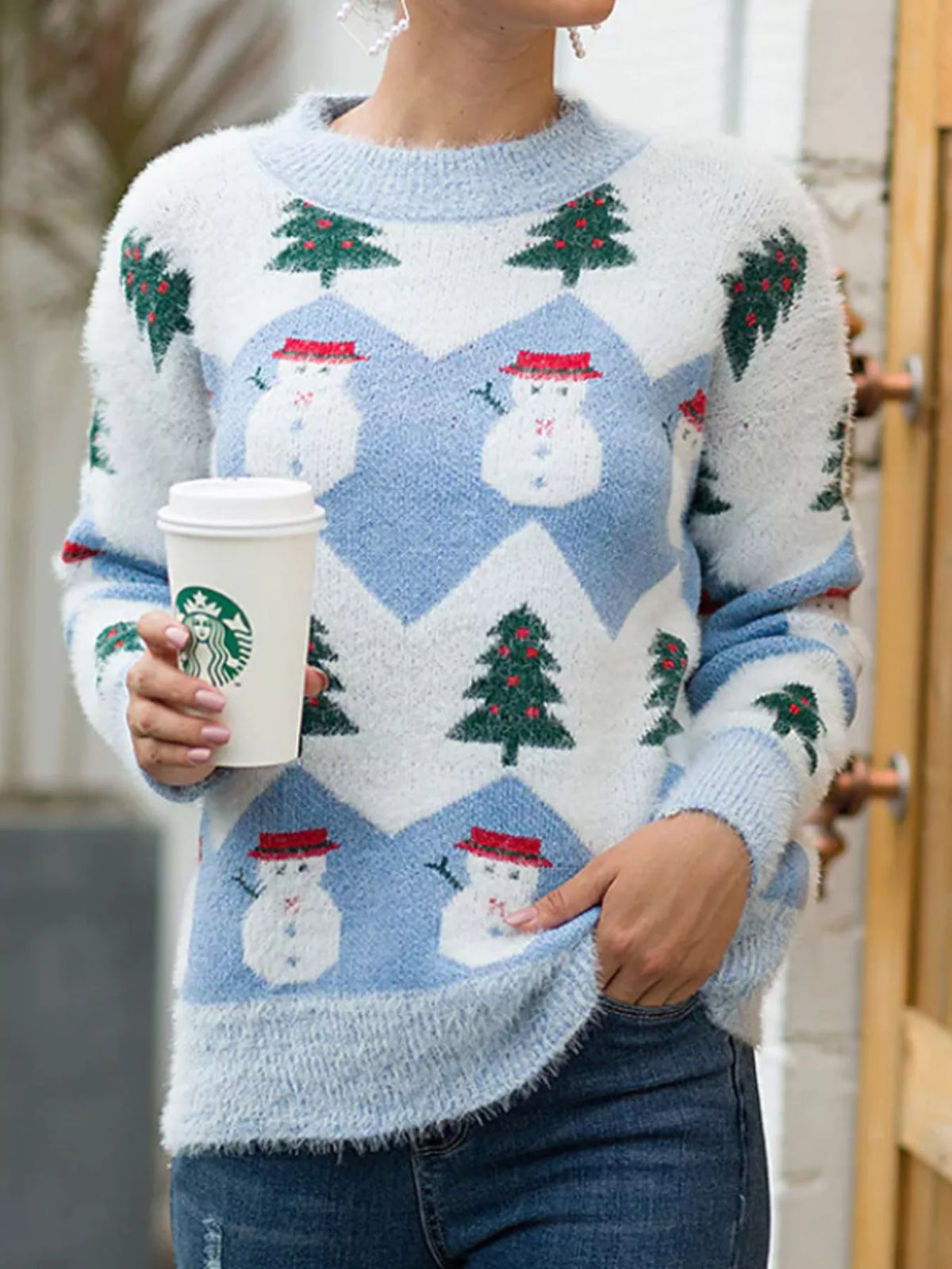Women's Christmas Snowman Dropped Shoulder Sweater in Blue, front view
