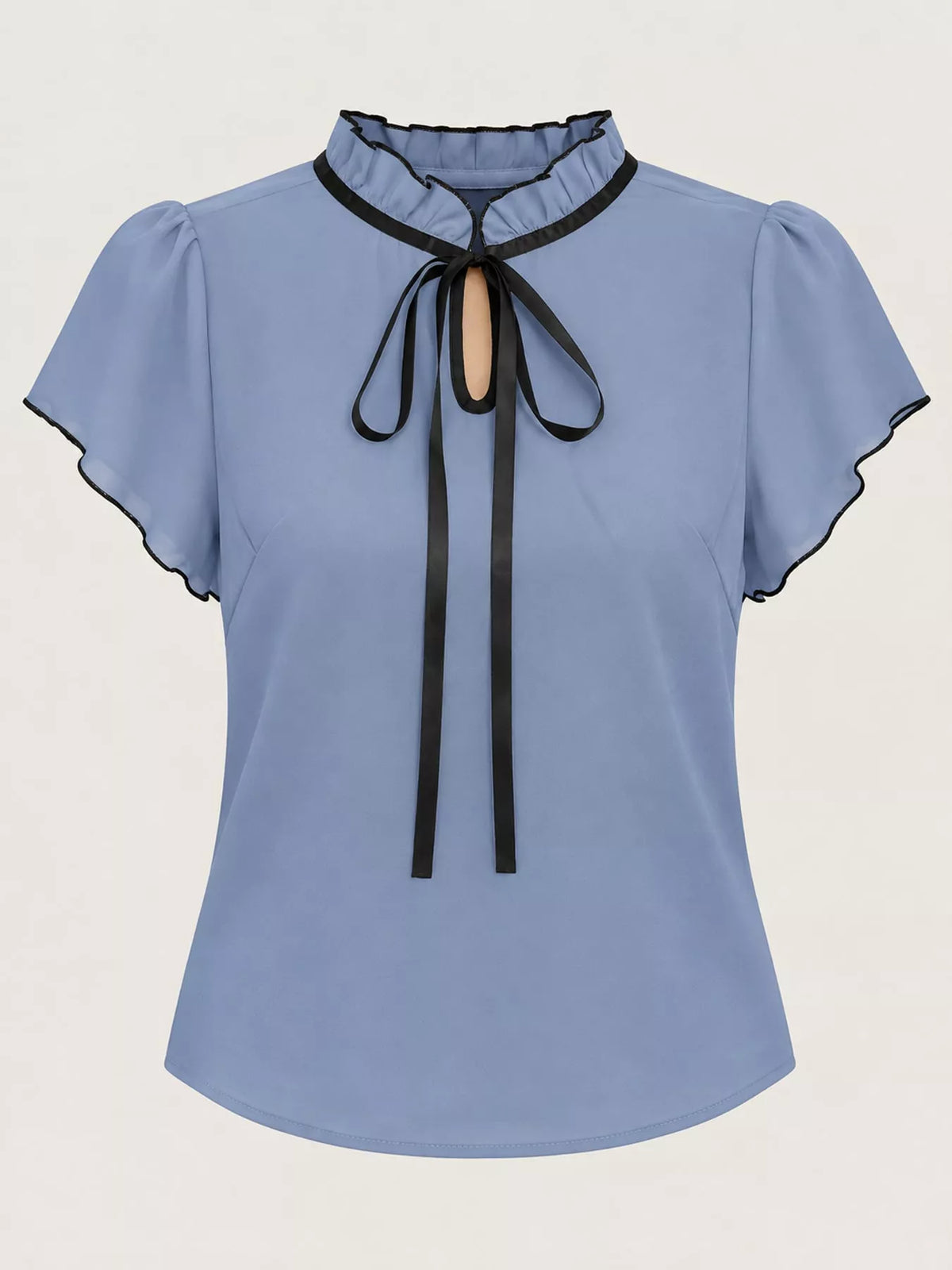 Contrast Trim Ruffle Sleeve Tie-Front Blouse in blue and black