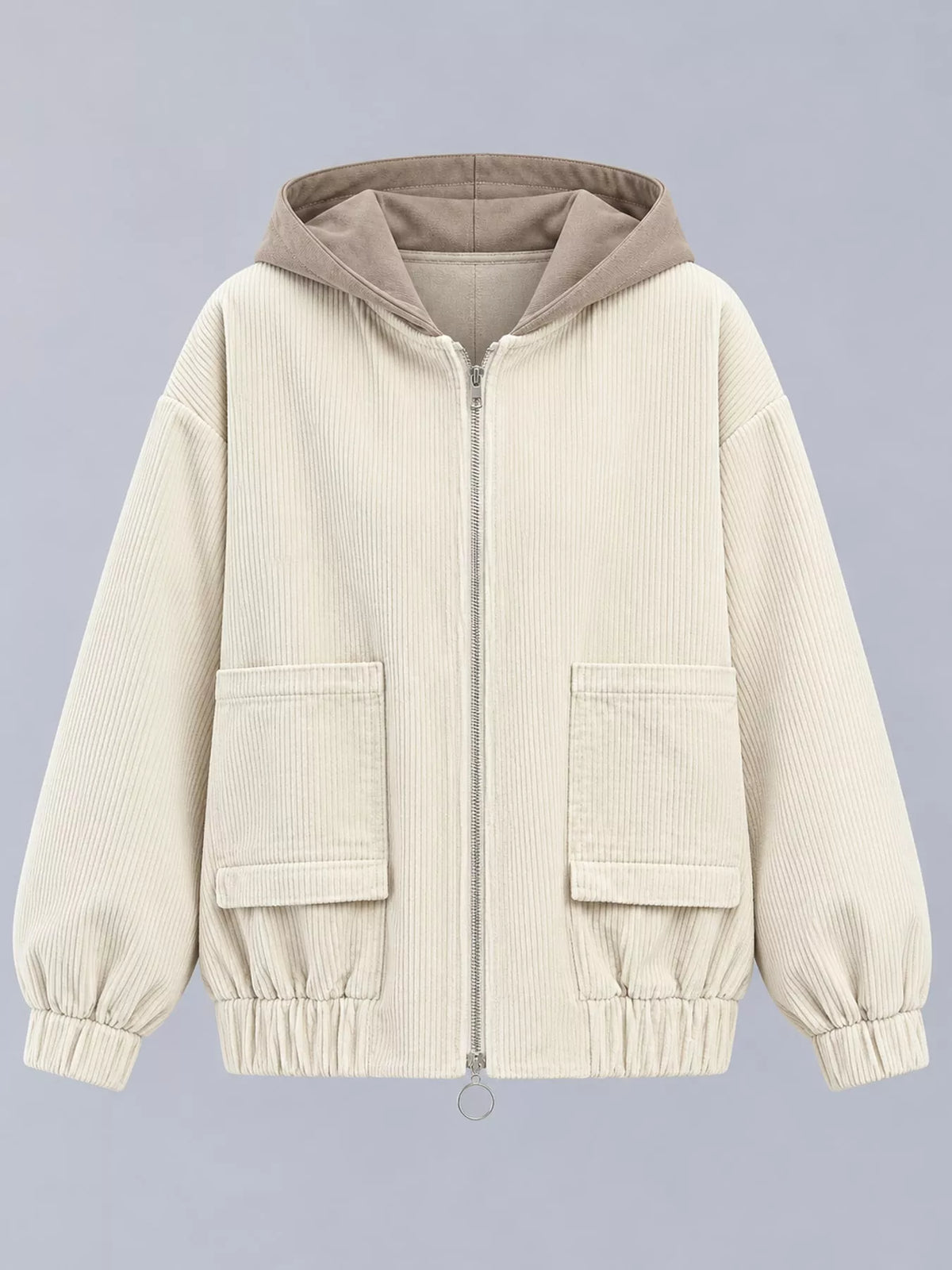 Cream corduroy hooded zip-up jacket — front view