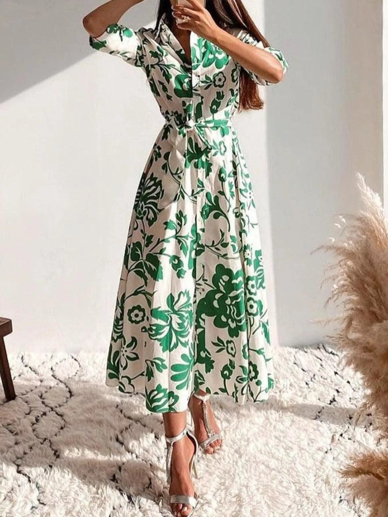 Trendsi Elegant Floral Print Shirt Dress with Belt -