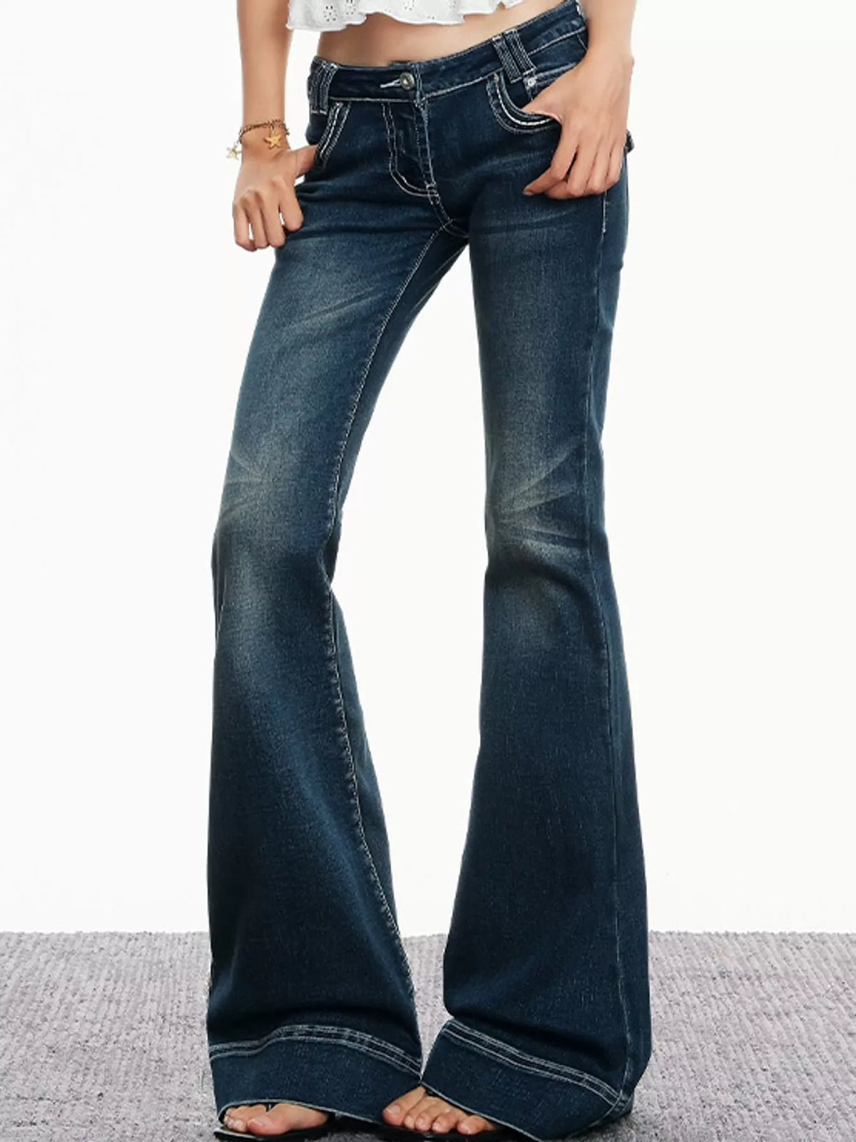 Vintage Blue low-rise contrast-stitch flared jeans
